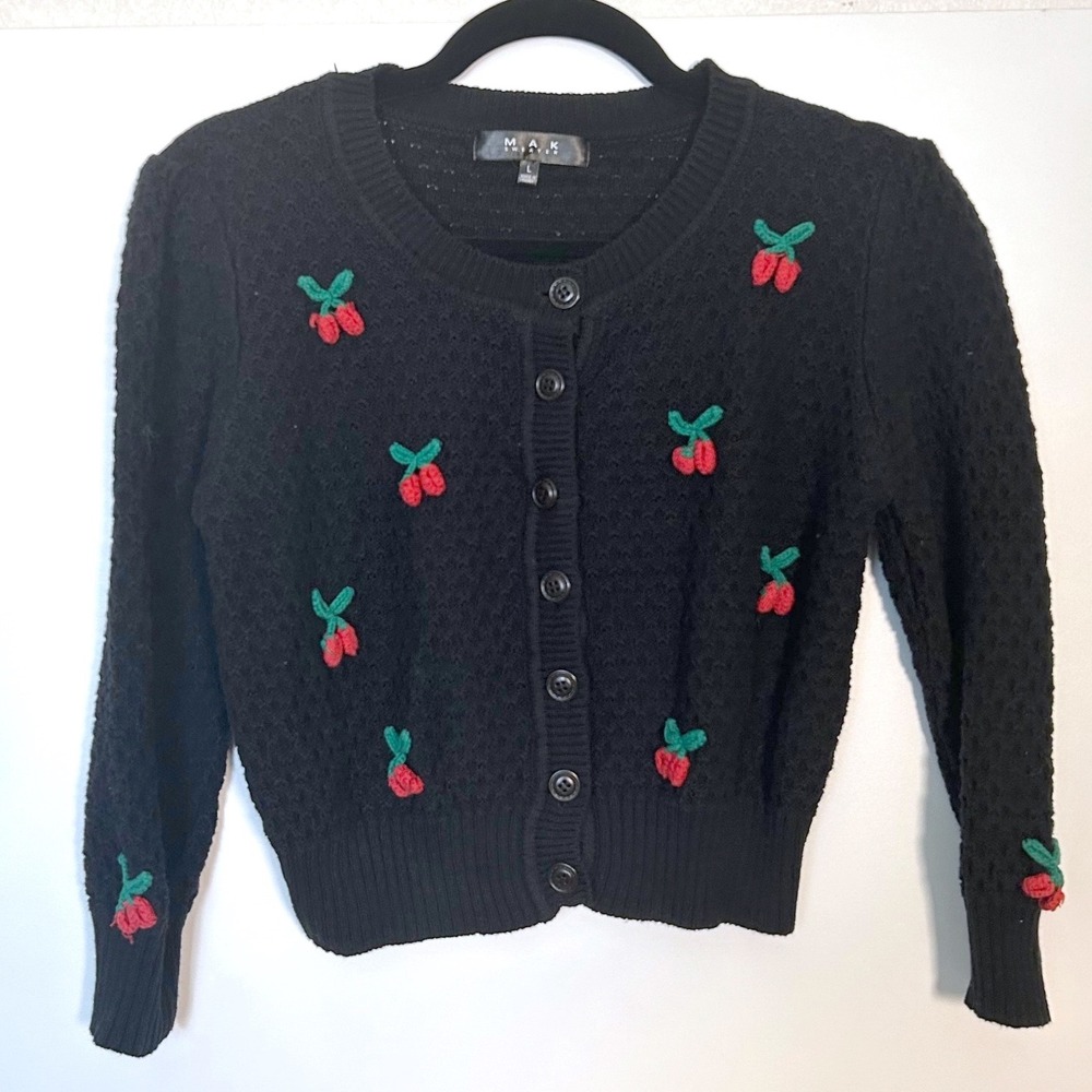 mak large 3d cherries black knit cardigan sweater coquette girly fruit cottage